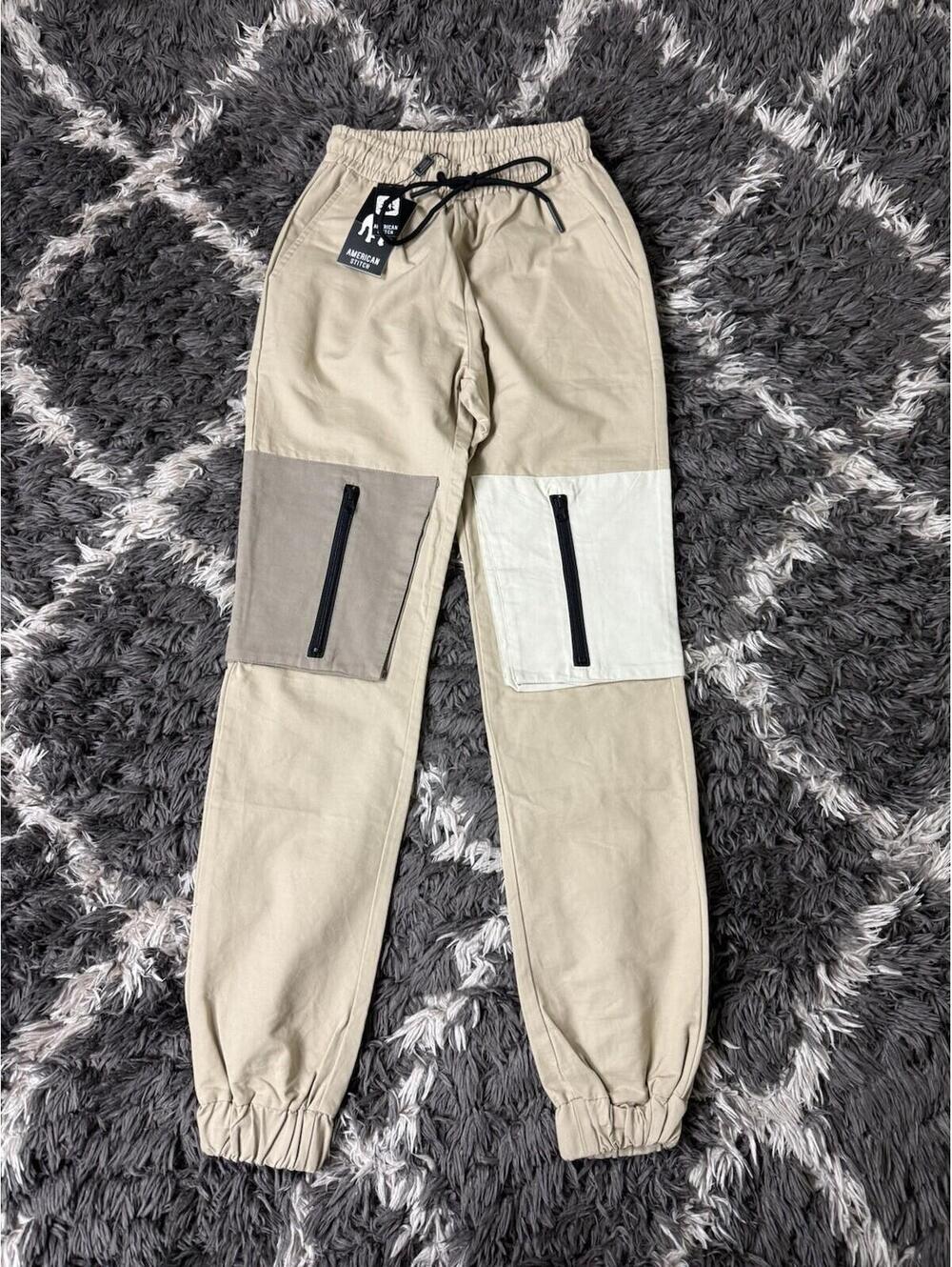 American Stitch Cargo Pants Mens S NWT Khaki Colorblock Zipper Pocket Joggers